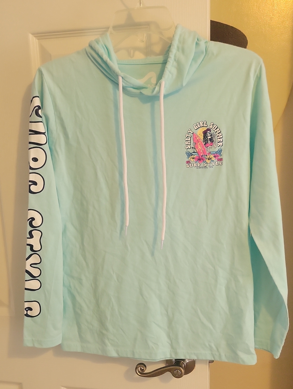 surf style SzMed Light Aqua Surf Hoodie with Sleeve, bavk, front Graphics